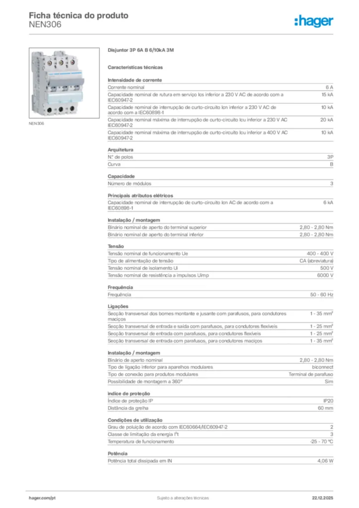 Imagem Hager Ficha técnica do produto NEN306 | Hager Portugal