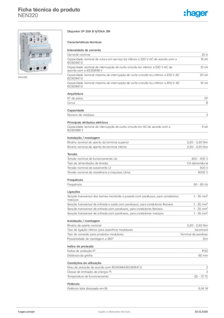 Imagem Hager Ficha técnica do produto NEN320 | Hager Portugal