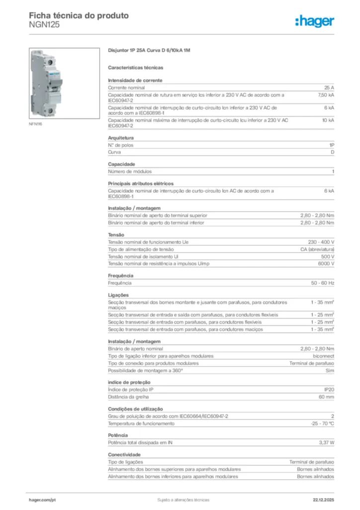 Imagem Hager Ficha técnica do produto NGN125 | Hager Portugal