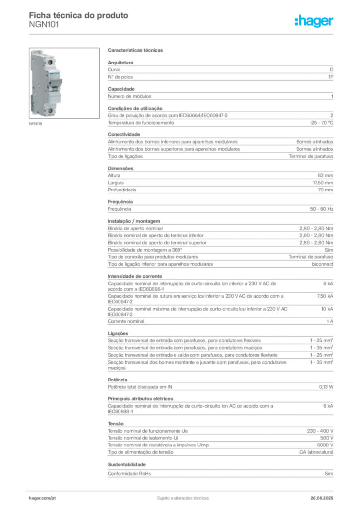 Imagem Hager Ficha técnica do produto NGN101 | Hager Portugal