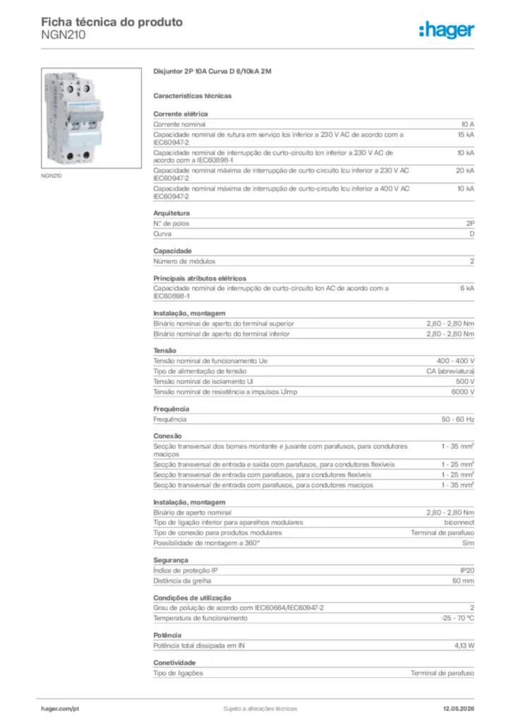 Imagem Hager Ficha técnica do produto NGN210 | Hager Portugal