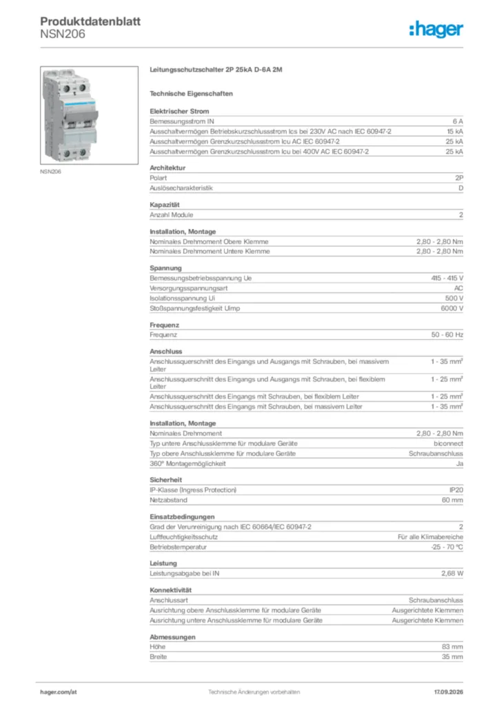 Bild Hager Produktdatenblatt NSN206 | Hager Deutschland