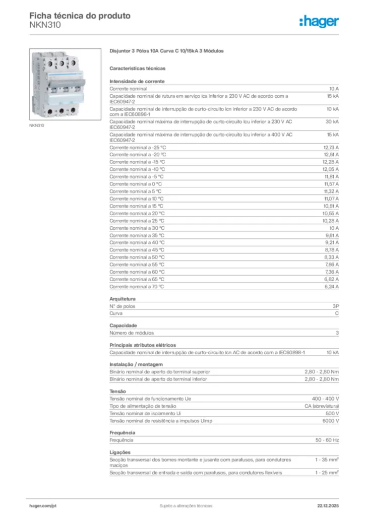Imagem Hager Ficha técnica do produto NKN310 | Hager Portugal