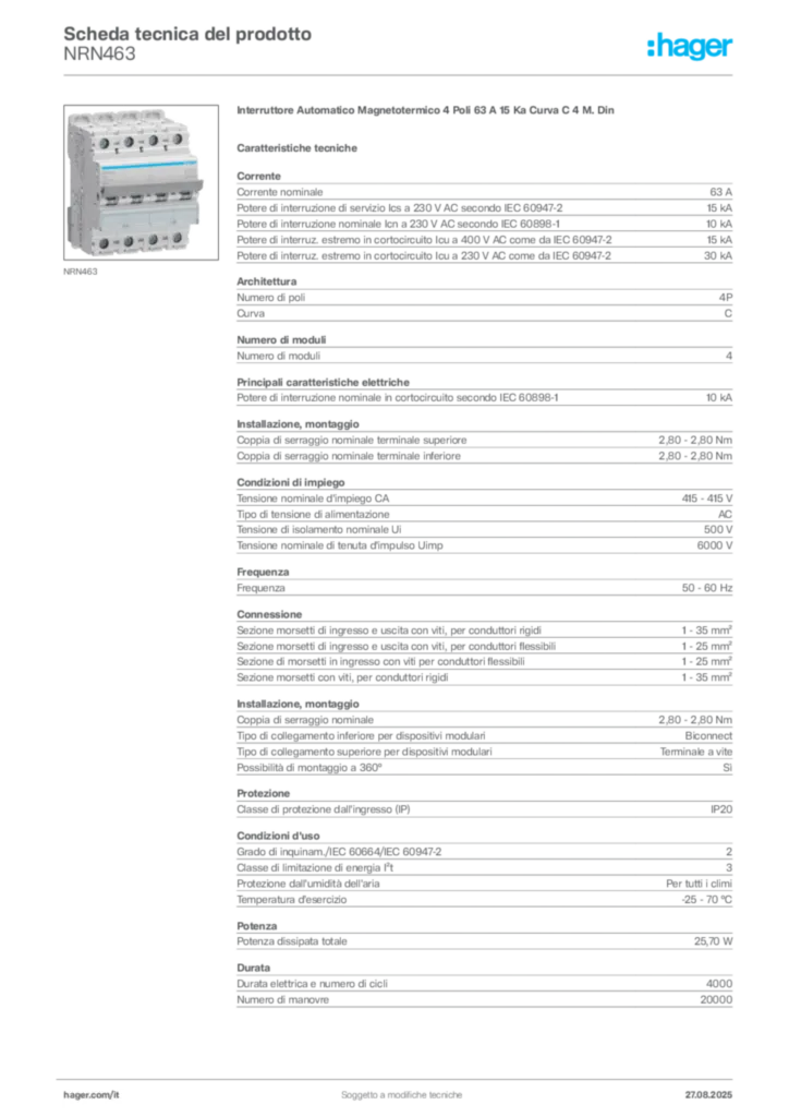 Immagine Hager Scheda tecnica del prodotto NRN463 | Hager Italia