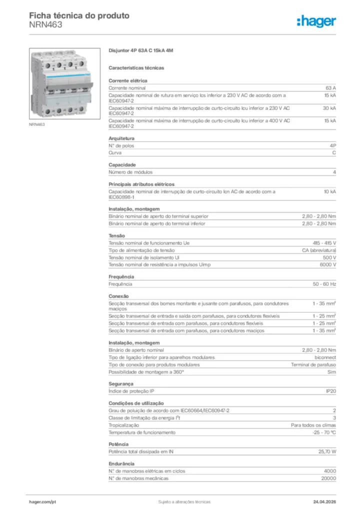 Imagem Hager Ficha técnica do produto NRN463 | Hager Portugal