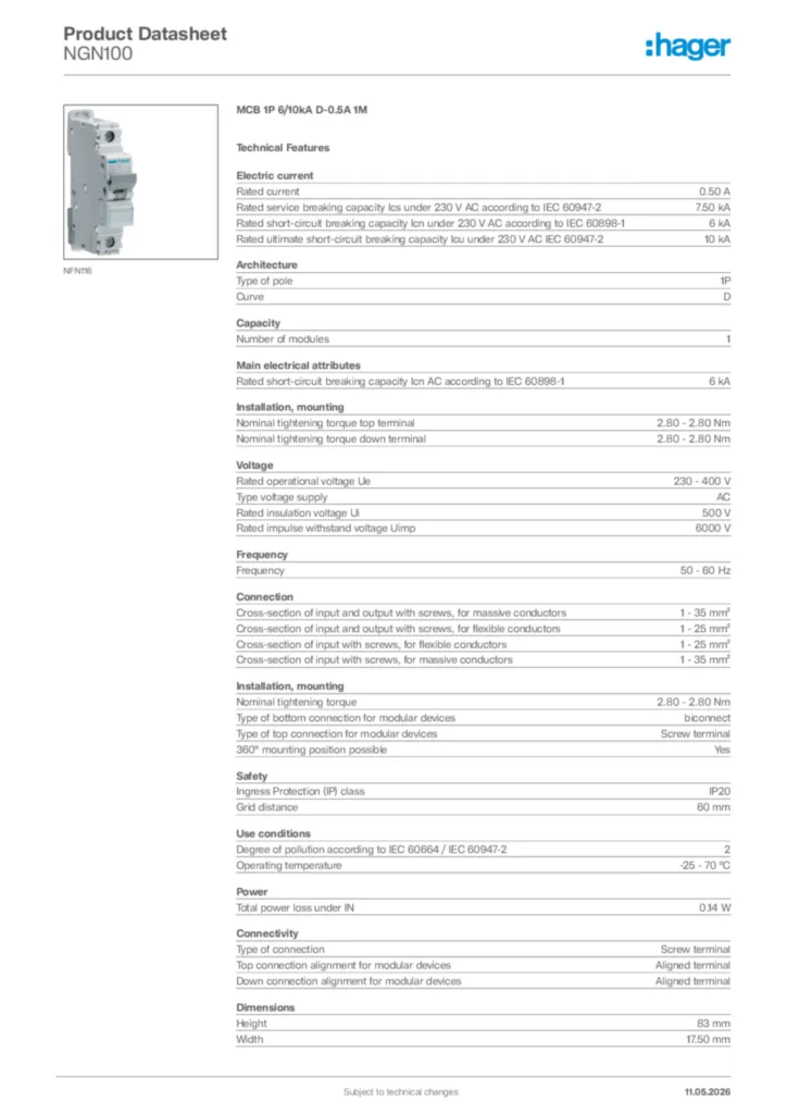 Image Hager Product data sheet NGN100  | Hager Africa