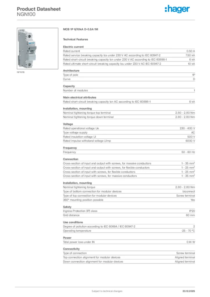 Image Hager Product data sheet NGN100  | Hager Africa
