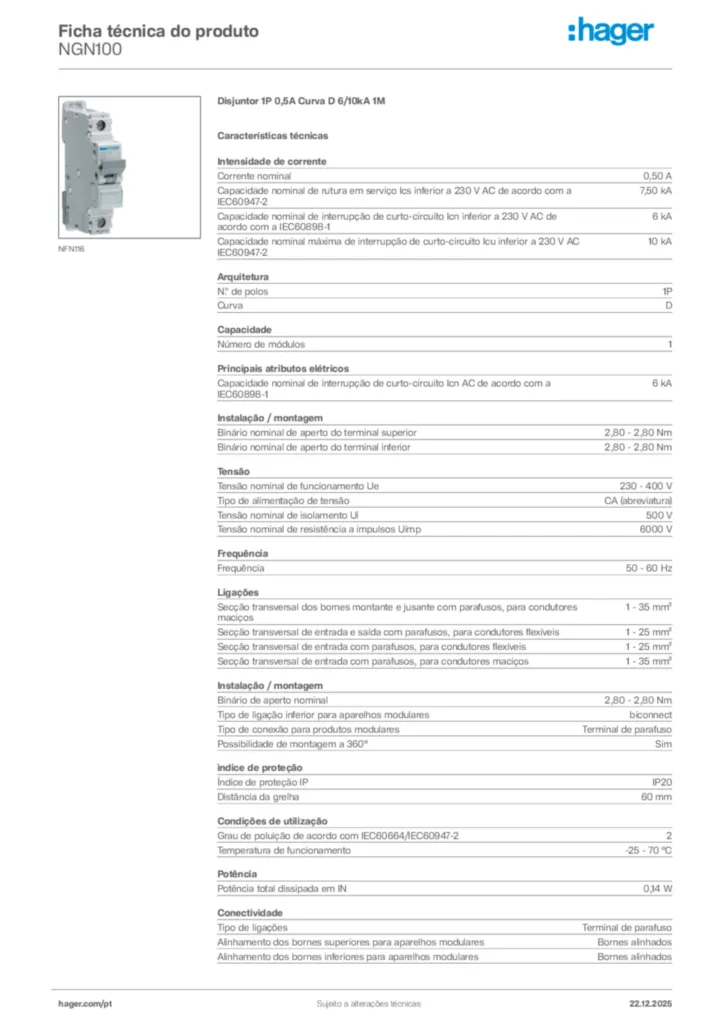 Imagem Hager Ficha técnica do produto NGN100 | Hager Portugal