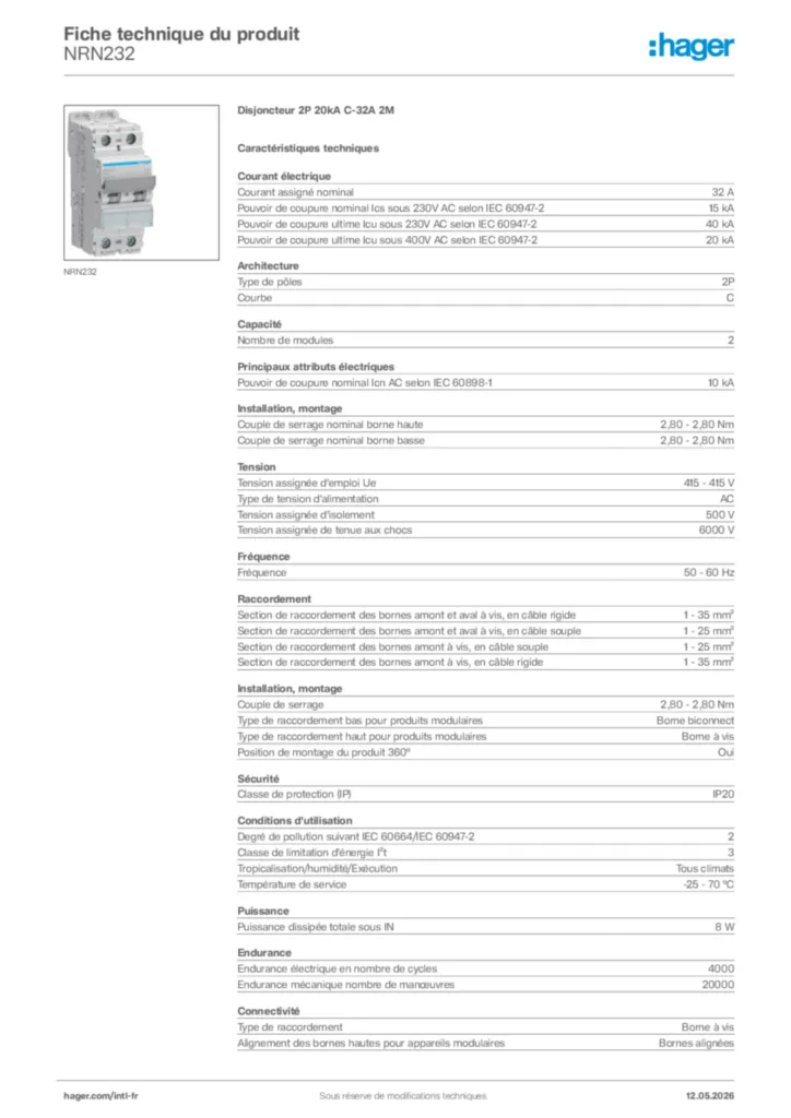 Image Hager Fiche technique du produit NRN232 | Hager Afrique