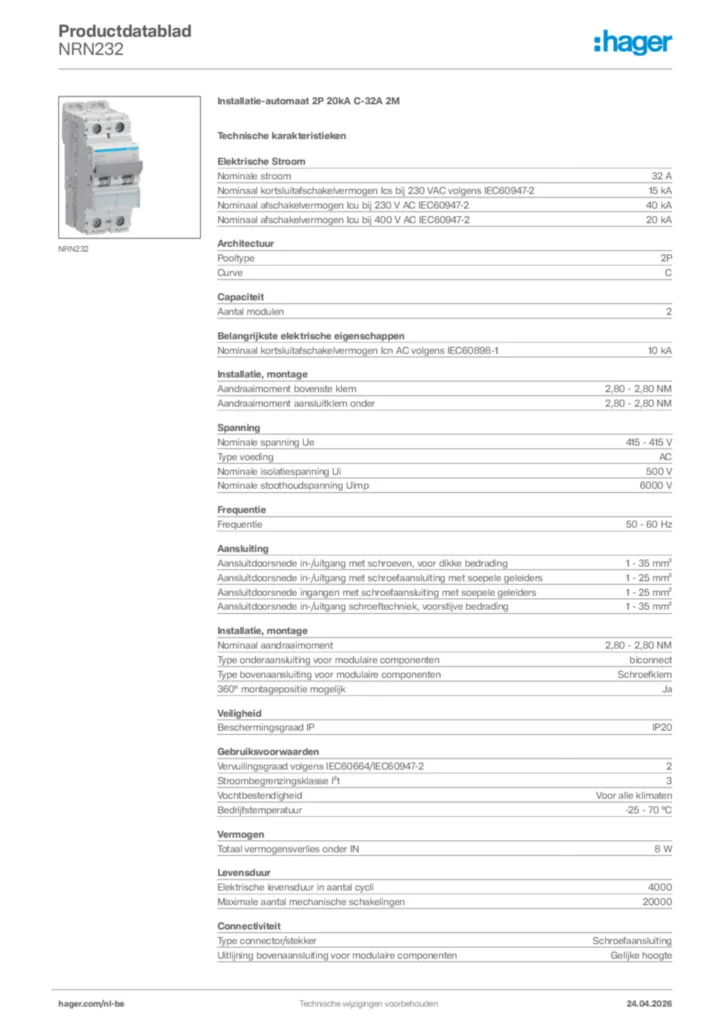 Afbeelding Hager Productdatablad NRN232 | Hager Belgium