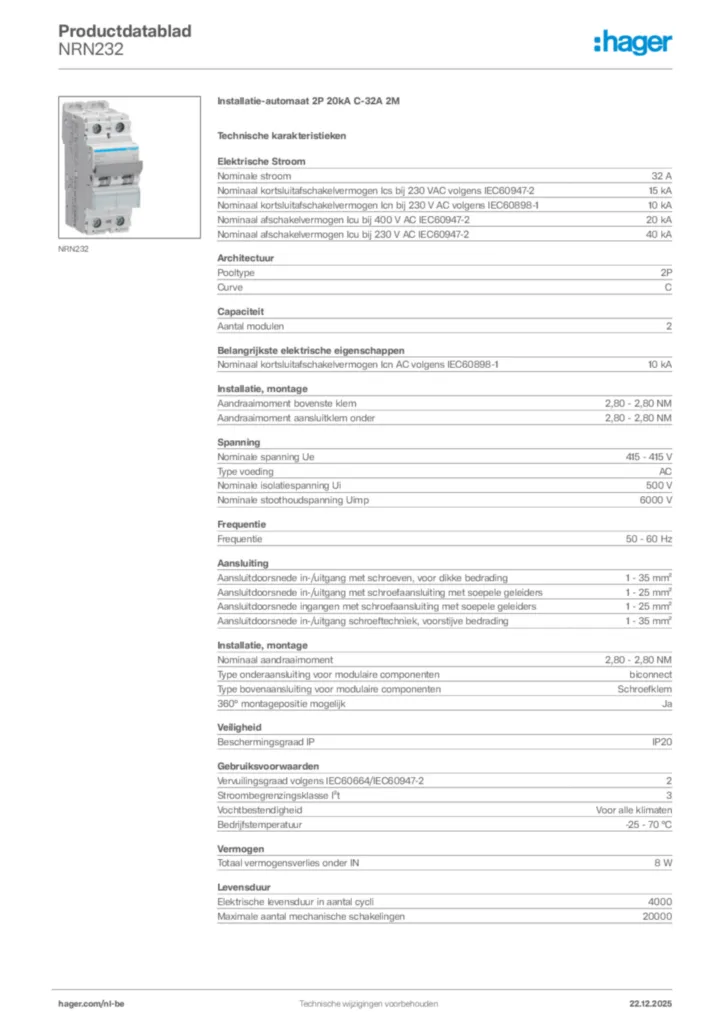 Afbeelding Hager Productdatablad NRN232 | Hager Belgium