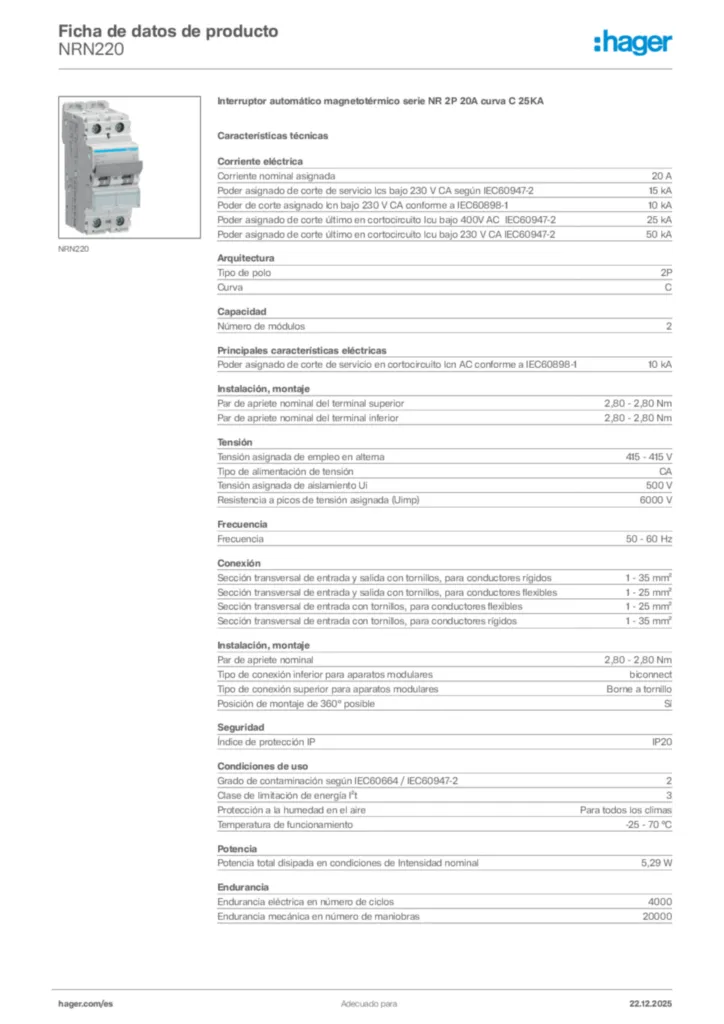 Imagen Hager Ficha de datos de producto NRN220 | Hager España