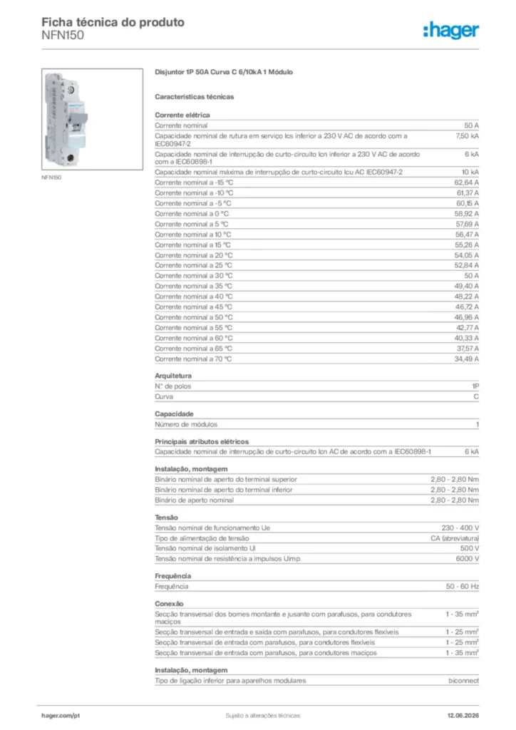 Imagem Hager Ficha técnica do produto NFN150 | Hager Portugal