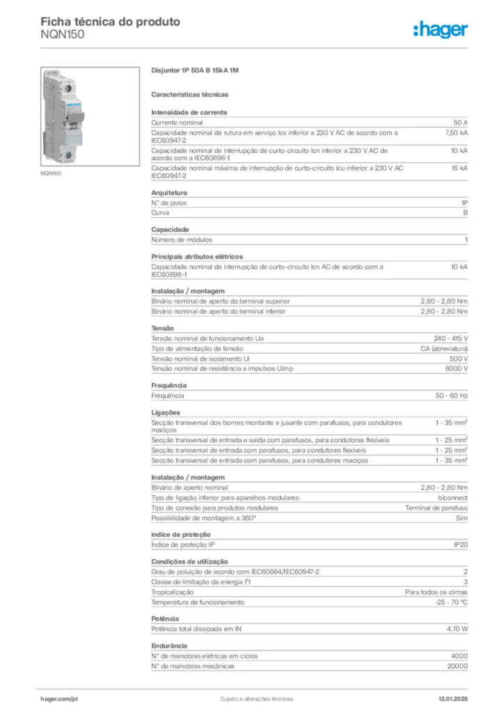 Imagem Hager Ficha técnica do produto NQN150 | Hager Portugal