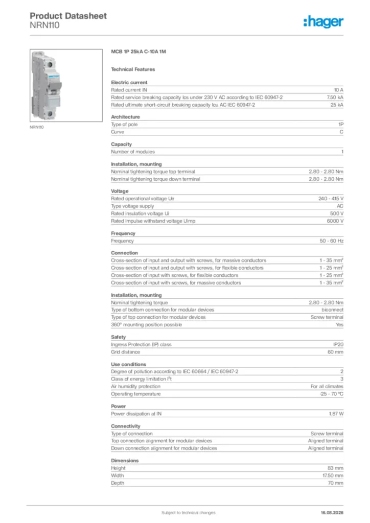 Image Hager Product data sheet NRN110  | Hager Africa