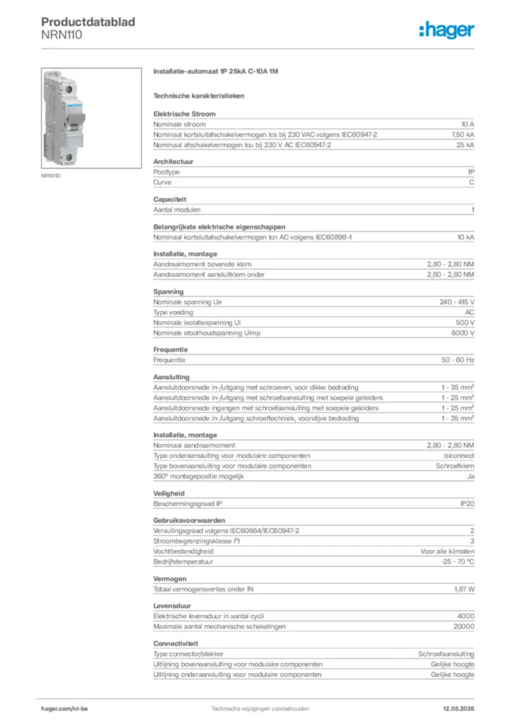 Afbeelding Hager Productdatablad NRN110 | Hager Belgium