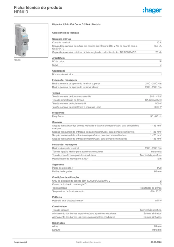 Imagem Hager Ficha técnica do produto NRN110 | Hager Portugal