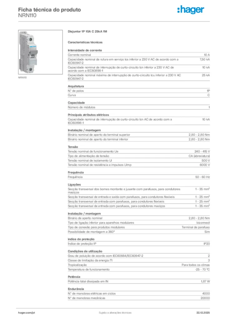 Imagem Hager Ficha técnica do produto NRN110 | Hager Portugal