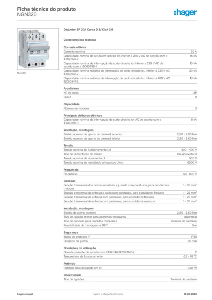 Imagem Hager Ficha técnica do produto NGN320 | Hager Portugal