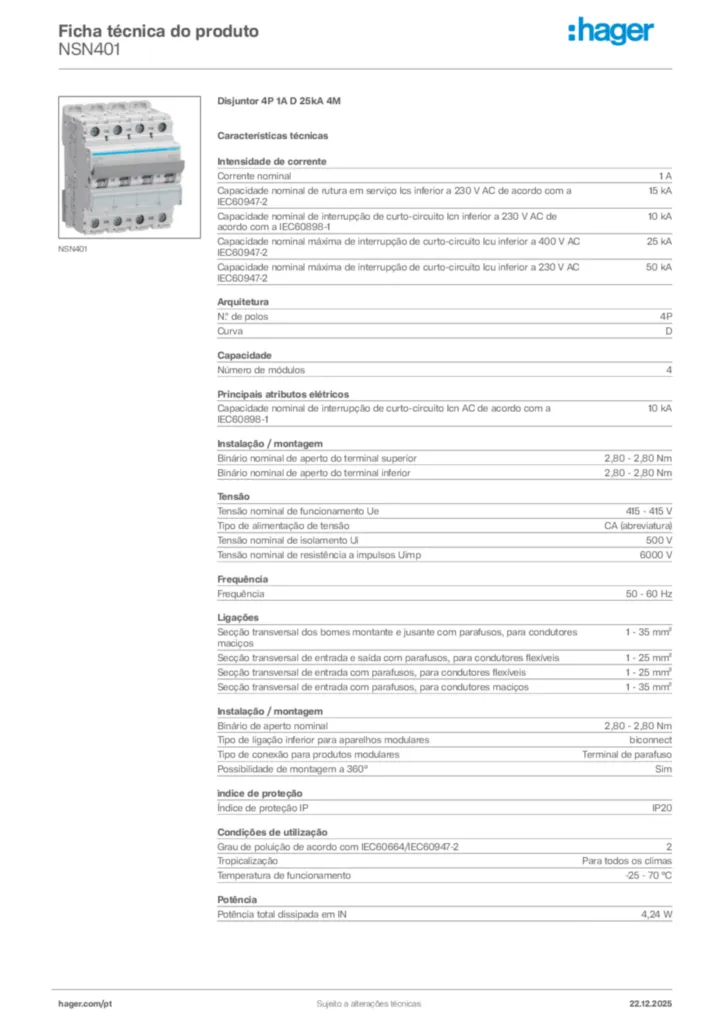 Imagem Hager Ficha técnica do produto NSN401 | Hager Portugal
