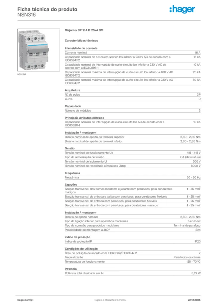 Imagem Hager Ficha técnica do produto NSN316 | Hager Portugal