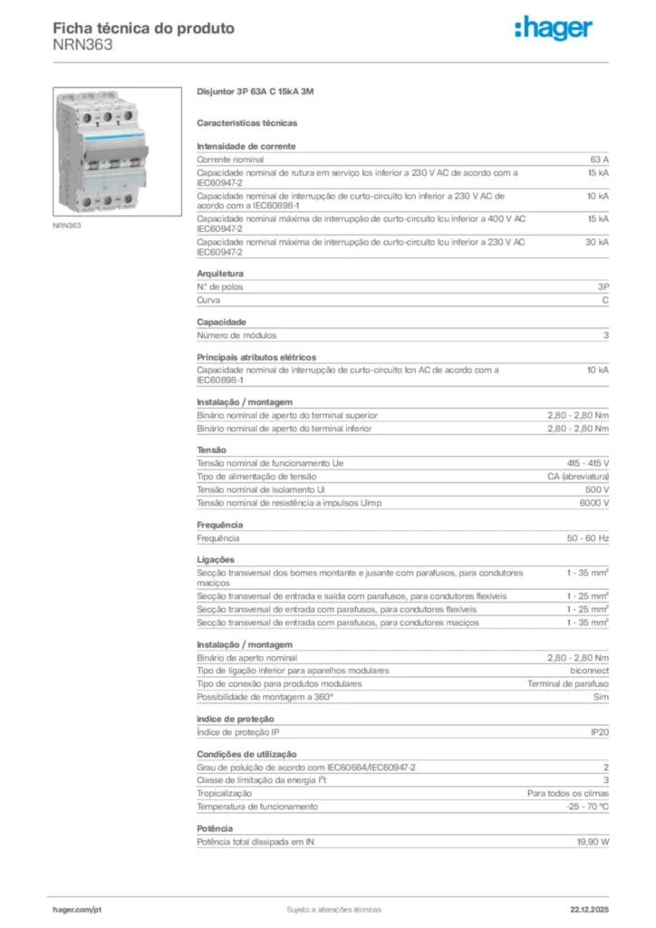 Imagem Hager Ficha técnica do produto NRN363 | Hager Portugal