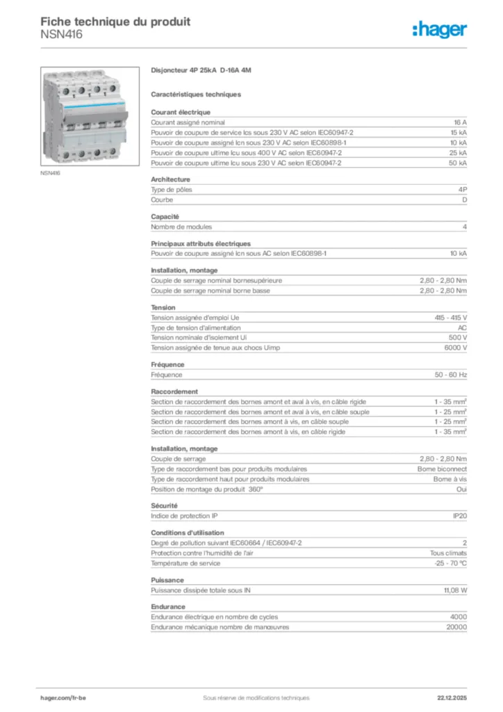 Image Hager Fiche technique du produit NSN416 | Hager Belgique