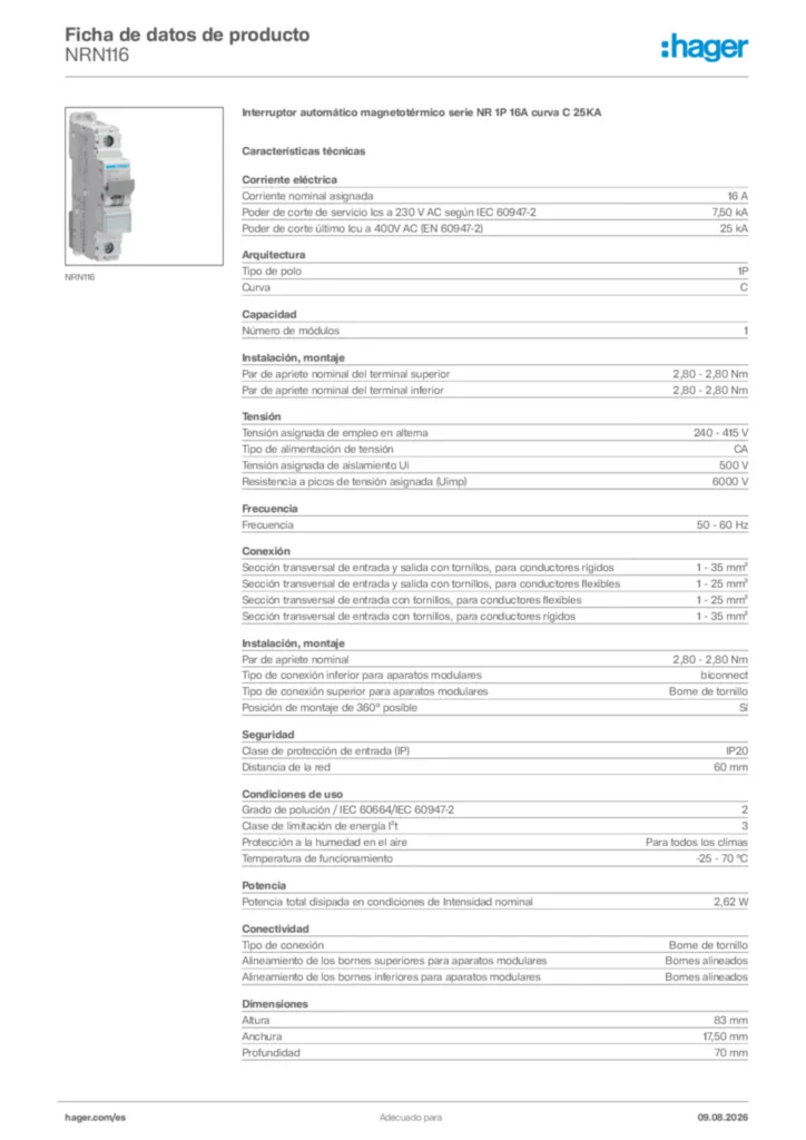 Imagen Hager Ficha de datos de producto NRN116 | Hager España