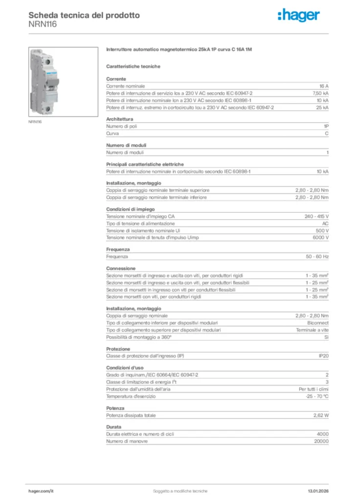 Immagine Hager Scheda tecnica del prodotto NRN116 | Hager Italia