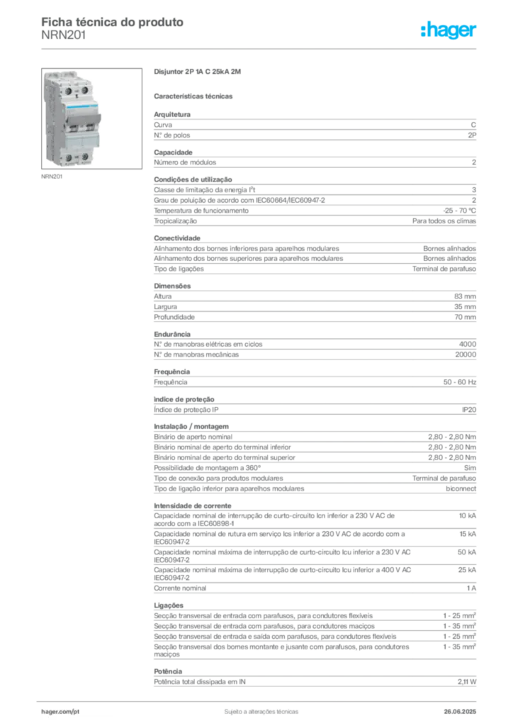 Imagem Hager Ficha técnica do produto NRN201 | Hager Portugal