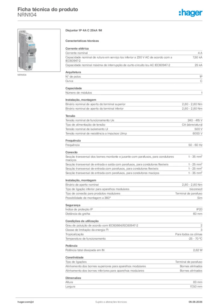 Imagem Hager Ficha técnica do produto NRN104 | Hager Portugal