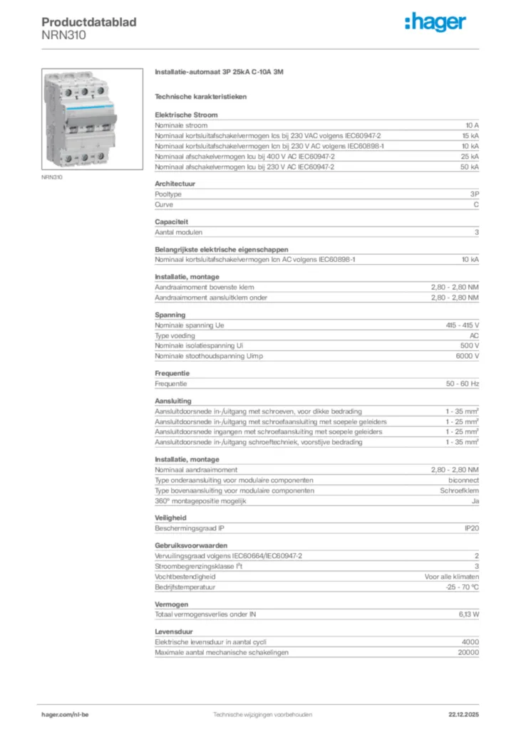Afbeelding Hager Productdatablad NRN310 | Hager Belgium