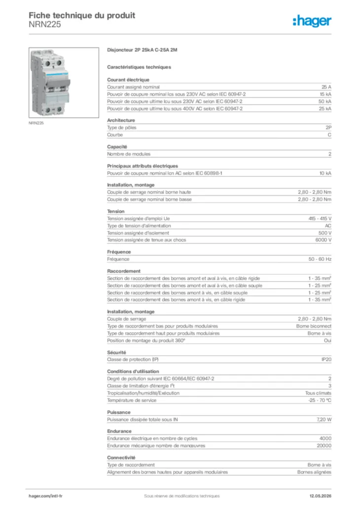 Image Hager Fiche technique du produit NRN225 | Hager Afrique