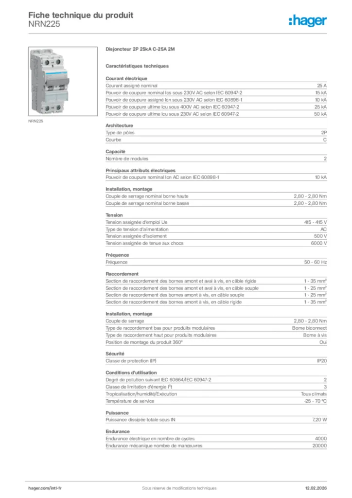 Image Hager Fiche technique du produit NRN225 | Hager Afrique