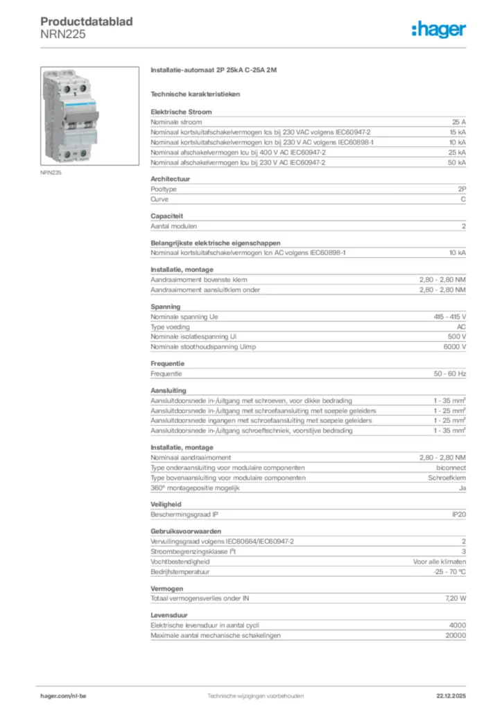 Afbeelding Hager Productdatablad NRN225 | Hager Belgium