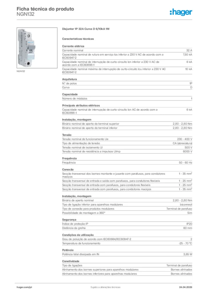 Imagem Hager Ficha técnica do produto NGN132 | Hager Portugal