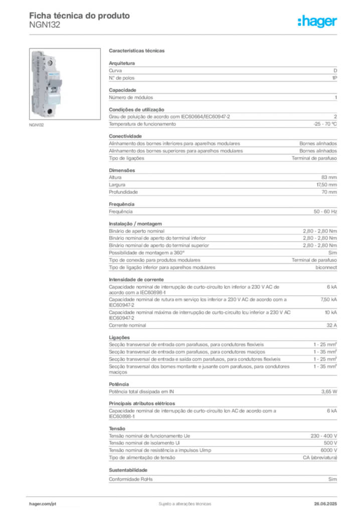 Imagem Hager Ficha técnica do produto NGN132 | Hager Portugal