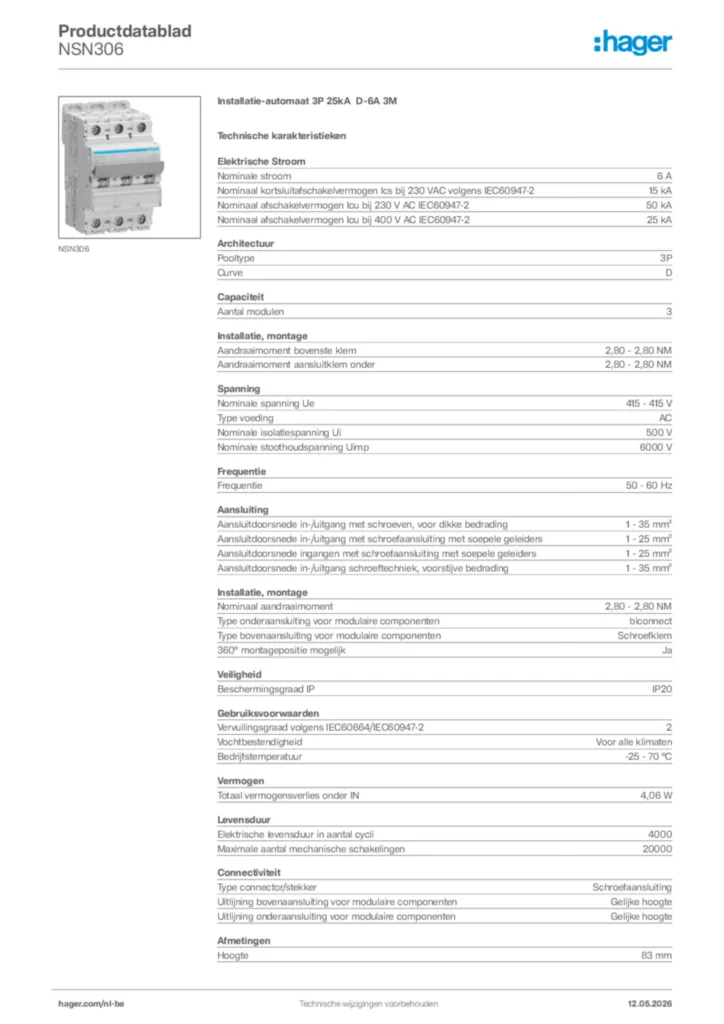 Afbeelding Hager Productdatablad NSN306 | Hager Belgium