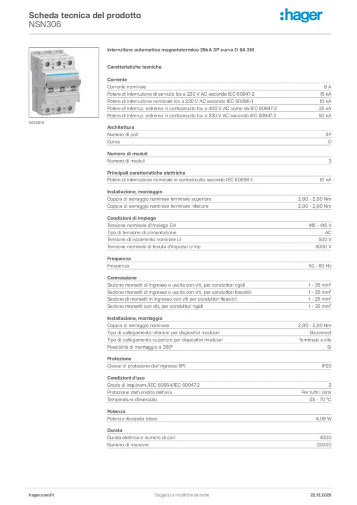 Immagine Hager Scheda tecnica del prodotto NSN306 | Hager Italia
