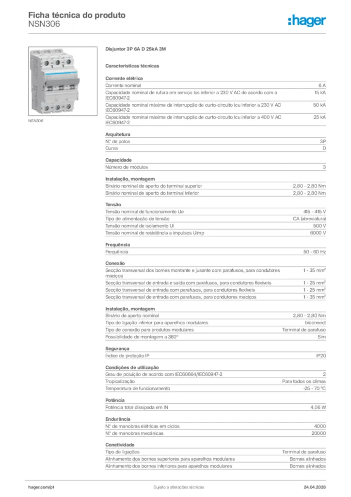 Imagem Hager Ficha técnica do produto NSN306 | Hager Portugal