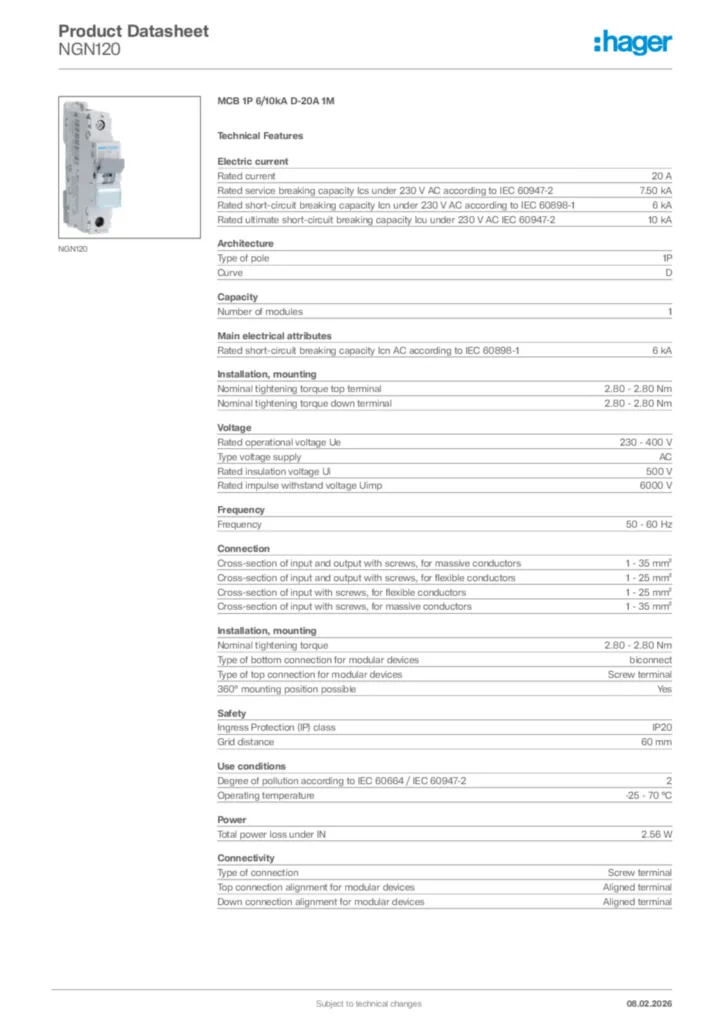 Image Hager Product data sheet NGN120  | Hager Africa