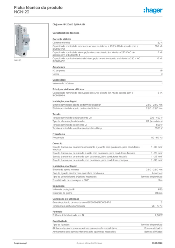 Imagem Hager Ficha técnica do produto NGN120 | Hager Portugal