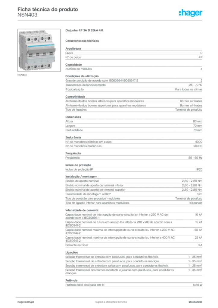 Imagem Hager Ficha técnica do produto NSN403 | Hager Portugal