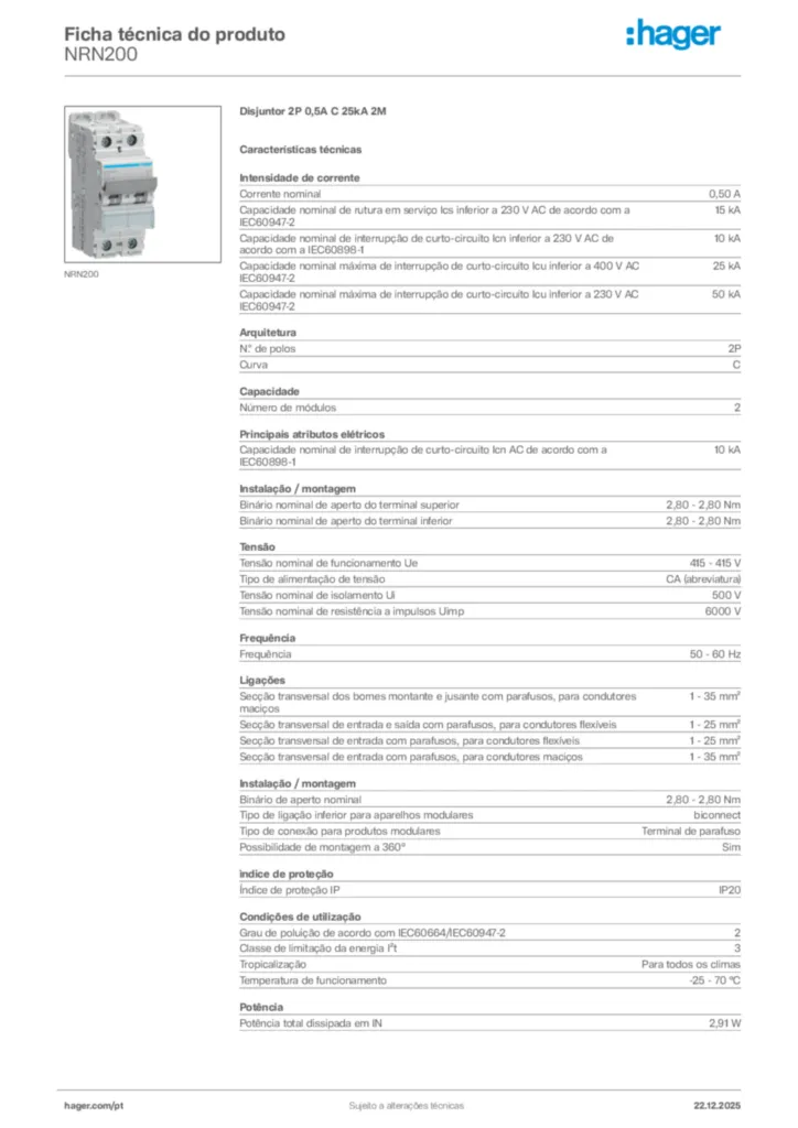 Imagem Hager Ficha técnica do produto NRN200 | Hager Portugal