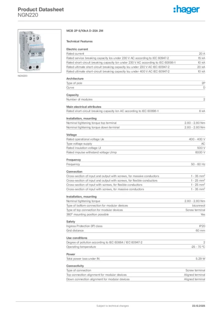 Image Hager Product data sheet NGN220  | Hager Africa