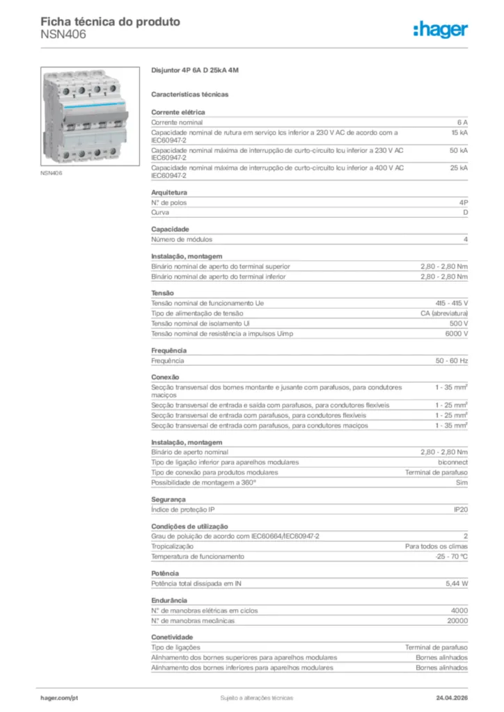 Imagem Hager Ficha técnica do produto NSN406 | Hager Portugal