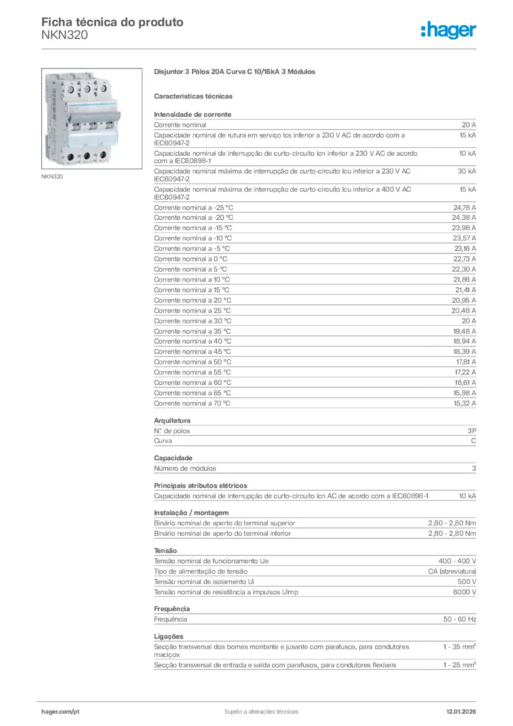 Imagem Hager Ficha técnica do produto NKN320 | Hager Portugal