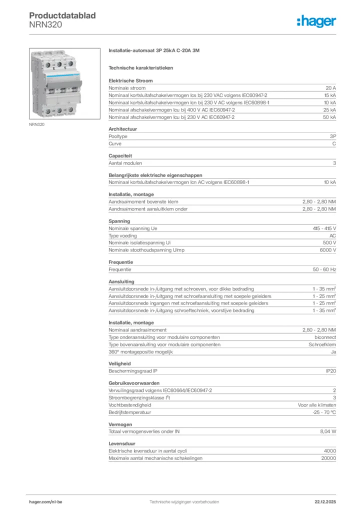 Afbeelding Hager Productdatablad NRN320 | Hager Belgium