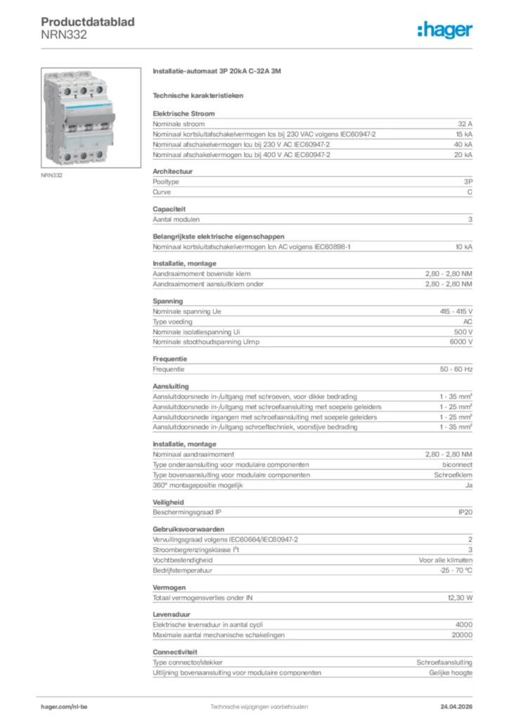 Afbeelding Hager Productdatablad NRN332 | Hager Belgium