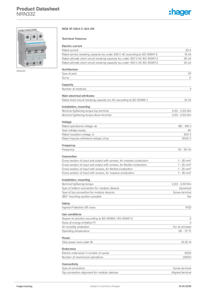 Image Hager Product data sheet NRN332  | Hager